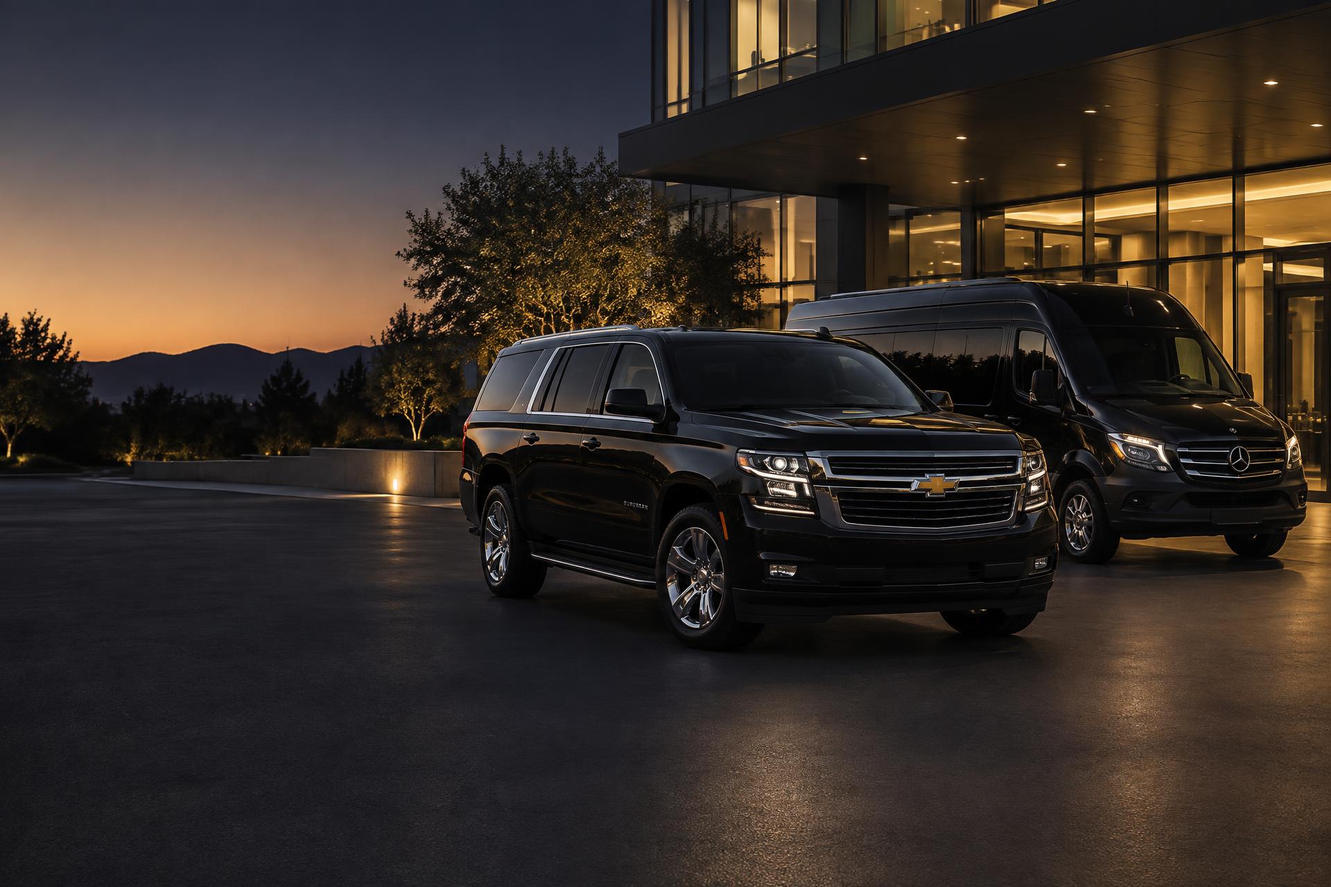 Black Chevrolet Suburban LT SUV and Mercedes-Benz Sprinter passenger van outside a Silicon Valley office at dusk